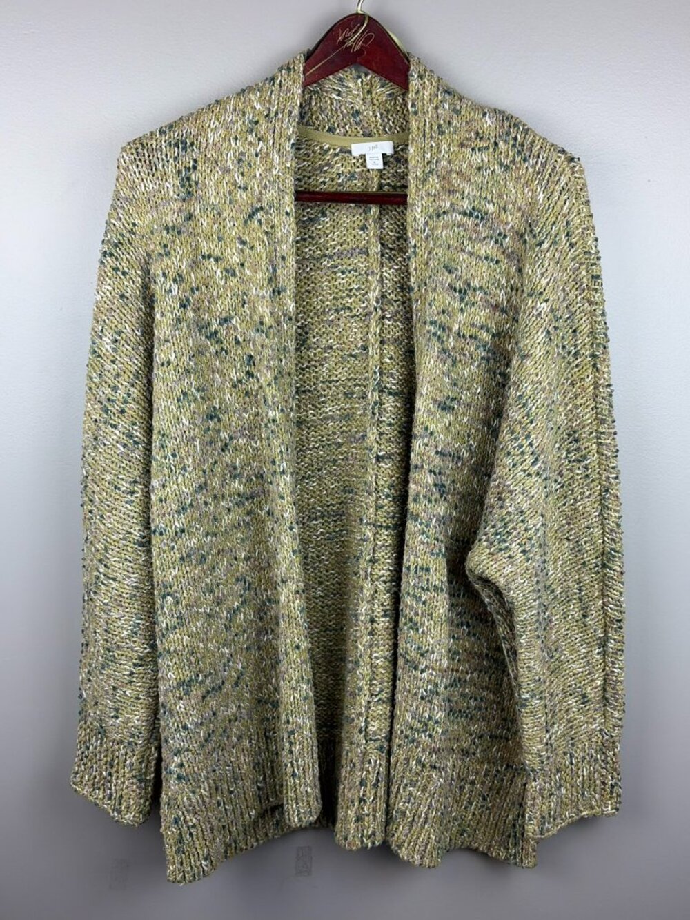 J. Jill Green Chunky Knit Open Front Cardigan Size XL Petite Cottage Coastal
